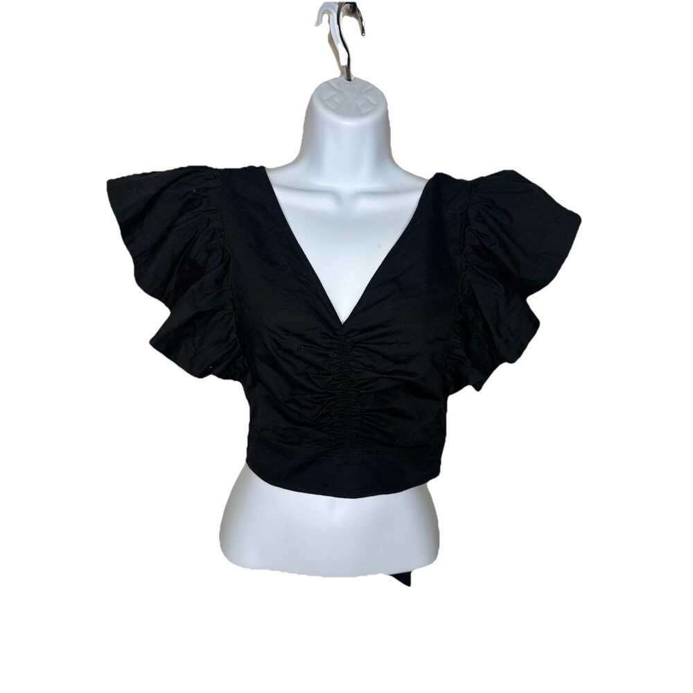 INTERMIX Black 2 Tie Crop Top Black Smocked Back Cotton Festival Sexy Sz 4